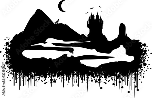 Fantasy Vektor Silhouette - Gebirge mit Wolf, Burg und Unterwelt - Geheime Gänge im Berg - Mythologie und abstrakte schwebende Darstellung