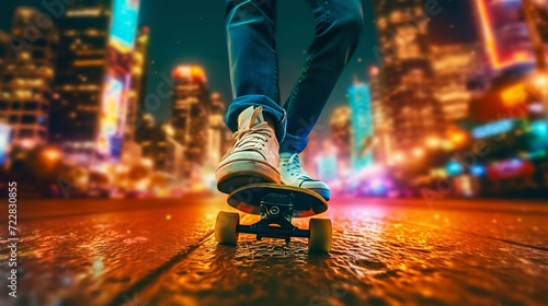 Close up shot of a person's legs on a skateboard, city at night. Generative AI