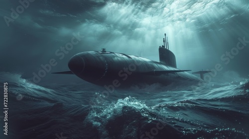 a military submarine emerging from the depths of the ocean, highlighting the stealth and advanced technology of underwater warfare