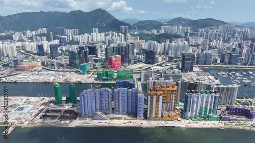 Hong Kong  Kowloon Bay Ngau Tau Kok Kwun Tong Lam Tin Cha Kwo Ling Yau Tong ,a commercial and residential seaside satellite town, built on a bay in CBD of Hong Kong, Aerial drone City skyview photo