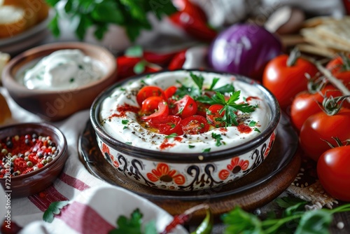 Traditional Turkish and Greek Meze with chili peppers and yogurt photo