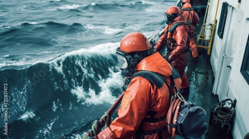 cargo ship crew engaged in safety training, wearing essential safety gear, and conducting drills, emphasizing the importance of continuous preparedness