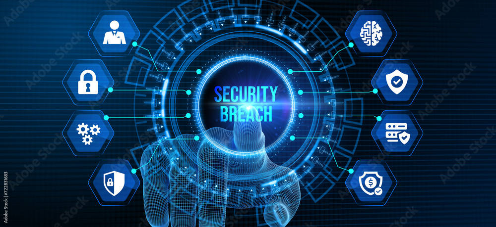 Security breach. Cyber security virus attack and breach. 3d illustration Security breach. Cyber security virus attack and breach. 3d illustration