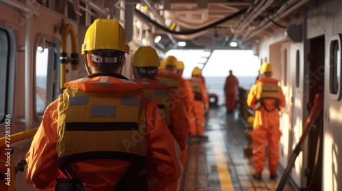 Scene featuring the cargo ship crew in action during a readiness drill, showcasing the use of safety gear and highlighting the significance of being prepared for potential challenges at sea.