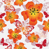 Vector seamless floral spring pattern with gradient flowers and butterflies in doodle style on a white background