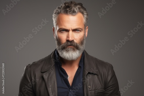 Handsome mature man with grey beard and mustache in leather jacket.