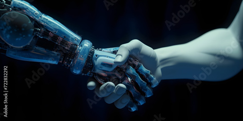 handshake between robot and human. AI collaborates with humans