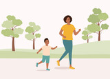 Smiling Black Mother And Son Running In The Park. Full Length.