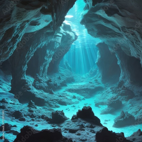 glowing underwater cave with bioluminescence