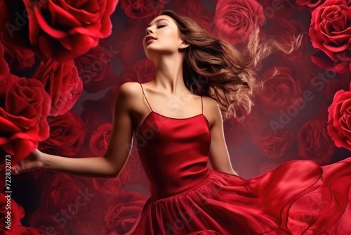 Model in Red Dress with Closed Eyes dancing over Fantasy Rose Background with copy space. Valentine's day.