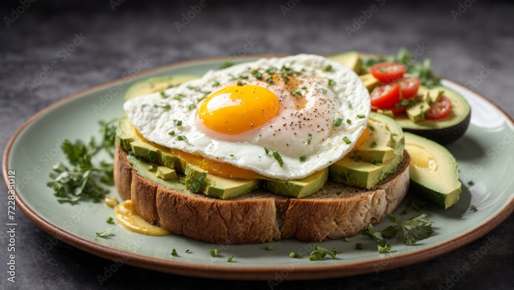 Avocado toast with fried egg and parsley, healthy breakfast