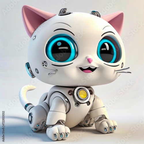 Cute happy robotic kitten on white background. Generative AI