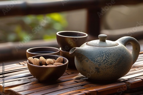 Preparation of Japanese tea in an old ceramic teapot.