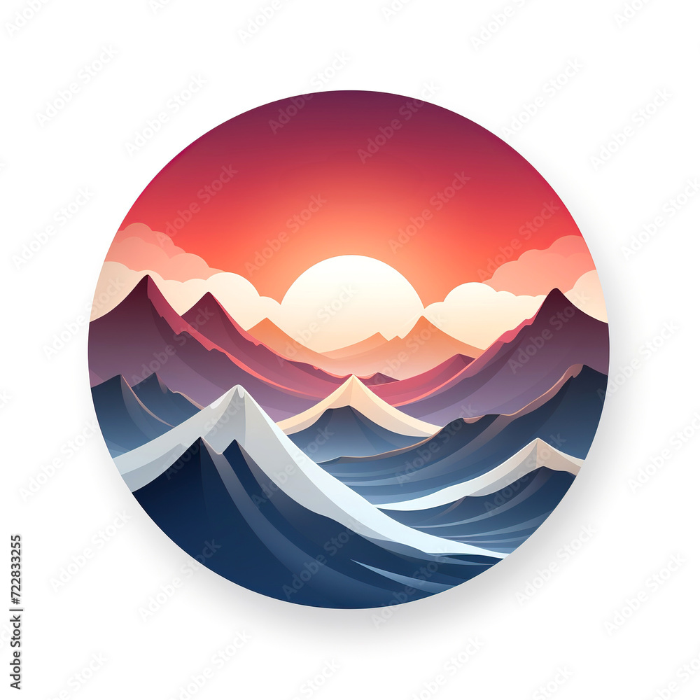 color round logo symbol with mountains on white background. Concept of tourism, hiking and adventures in wild nature. Emblem of the travelers club