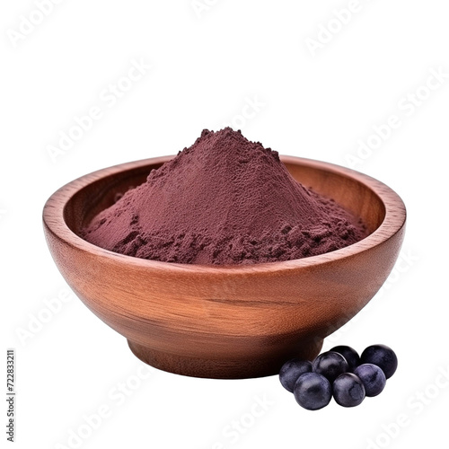 pile of finely dry organic fresh raw maqui berry powder in wooden bowl png isolated on white background. bright colored of herbal, spice or seasoning recipes clipping path. selective focus photo