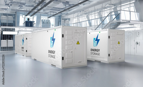 Energy storage systems or battery container units in factory photo