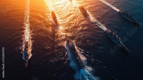 Military defense ships in the sea, military training, military threat, aerial view