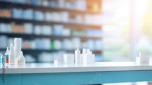 Counter with a blurred pharmacy store background, showcasing empty shelves ready for product display photo