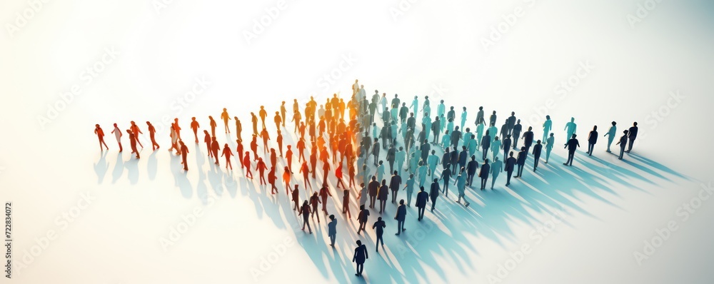 Leadership and successful business ideas concept 3d rendering of crowd 3d low polygon people arrow shape form walk together on white floor color tone image, top view - obrazy, fototapety, plakaty 