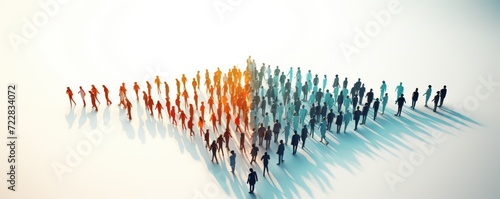 Leadership and successful business ideas concept 3d rendering of crowd 3d low polygon people arrow shape form walk together on white floor color tone image, top view photo