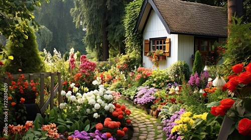 Charming, garden oasis, blooming flowers, assortment, colorful, floral paradise, tranquil, blossoming. Generated by AI.