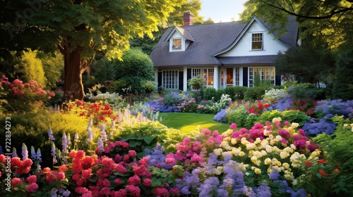 Charming, garden retreat, blooming flowers, abundance, colorful, floral haven, serene, natural beauty, blossoming. Generated by AI.