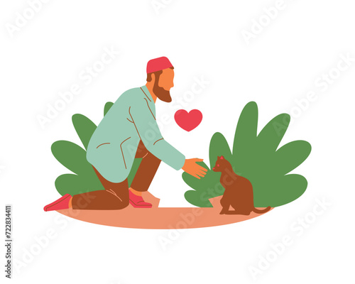 An Arabian young man volunteer feeding a cat and plants in the park scene vector illustration design. Animal fostering and adoption concept design.