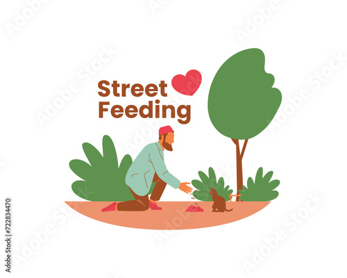 An Arabian young man volunteer feeding a cat and plants in the park scene vector illustration design. Animal fostering and adoption concept design.