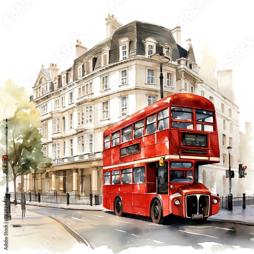  Watercolor illustration , double decker bus passing through the town .London sightseeing.AI generation