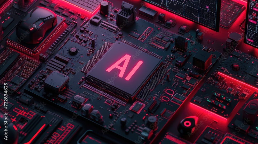High Tech Lab with AI Chip and surrounded by various electronic devices, AI, Artificial Intelligence concept background High Tech Lab with AI Chip and surrounded by various electronic devices, AI, Artificial Intelligence concept background