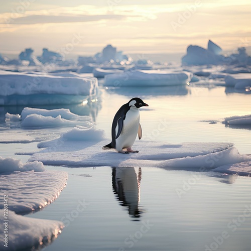 Lonely penguin stands on ice block in the evening  photo generated with AI