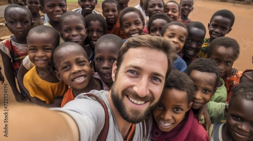 Caucasian volunteer man in africa village takes a selfie with children