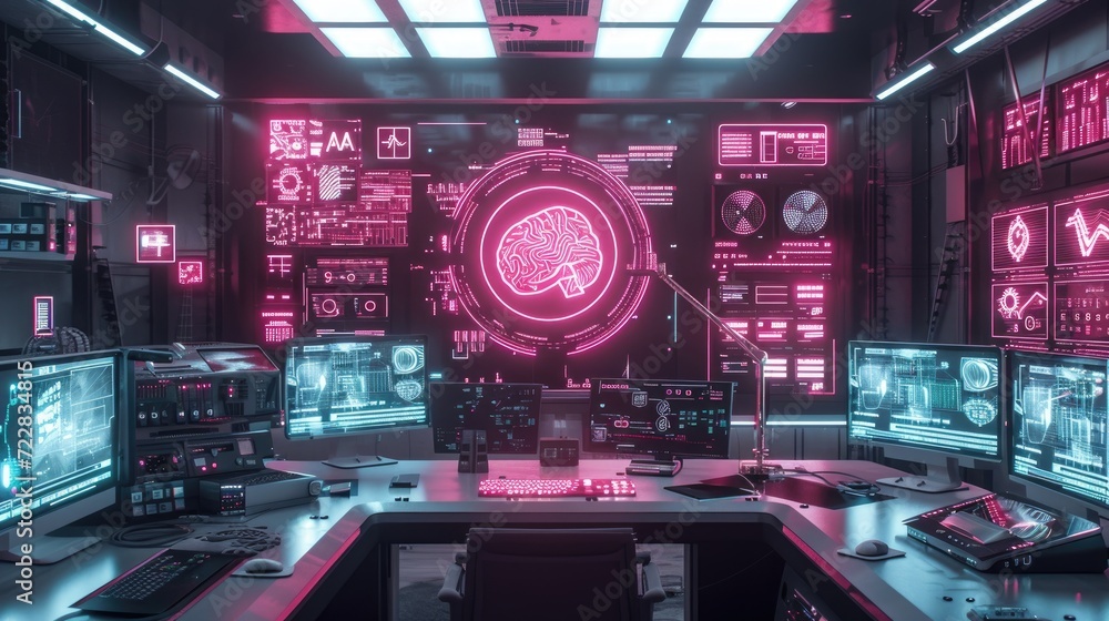High Tech Lab with AI Chip and surrounded by various electronic devices, AI, Artificial Intelligence concept background High Tech Lab with AI Chip and surrounded by various electronic devices, AI, Artificial Intelligence concept background