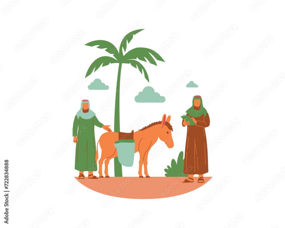 Naklejka premium Arabic people with donkey and palm tree vector illustration design.