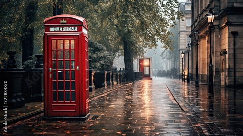 Classic, red telephone booth, London street, iconic, British landmark, communication, vintage, street view, traditional. Generated by AI.