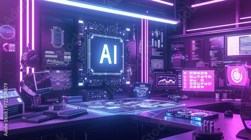 High Tech Lab with AI Chip and surrounded by various electronic devices, AI, Artificial Intelligence concept background