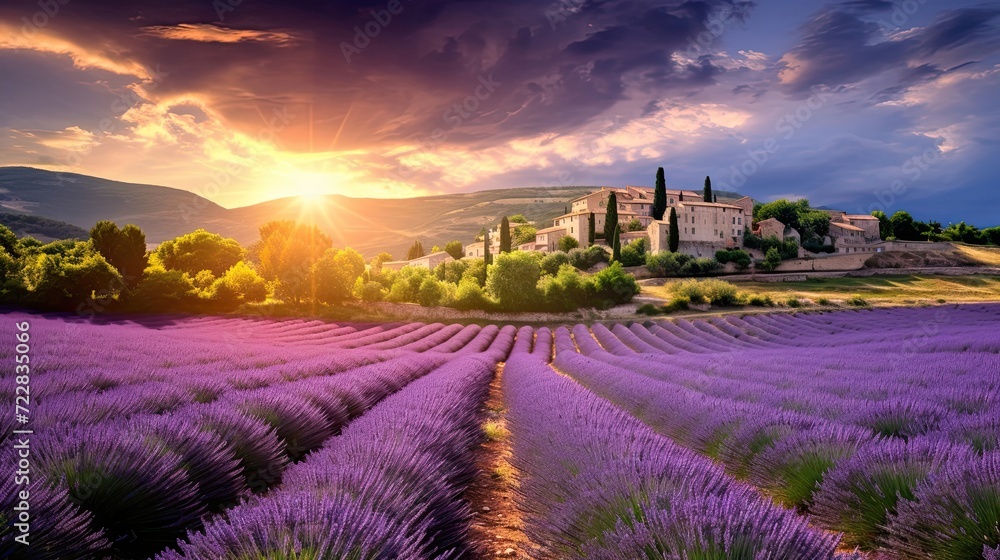 Lush lavender fields, warm embrace, Provence sun, picturesque scene, fragrant beauty, serenity. Generated by AI.