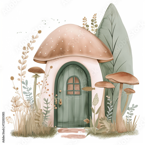 Fairy door: A magical, cute fairytale mushroom house with a small wooden door and a lush floral garden. Watercolor illustration isolated on a white background, an enchanting and whimsical atmosphere.
