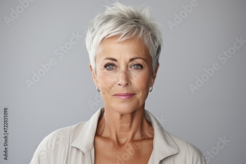 Serious senior woman looking at camera with serious expression, over grey background