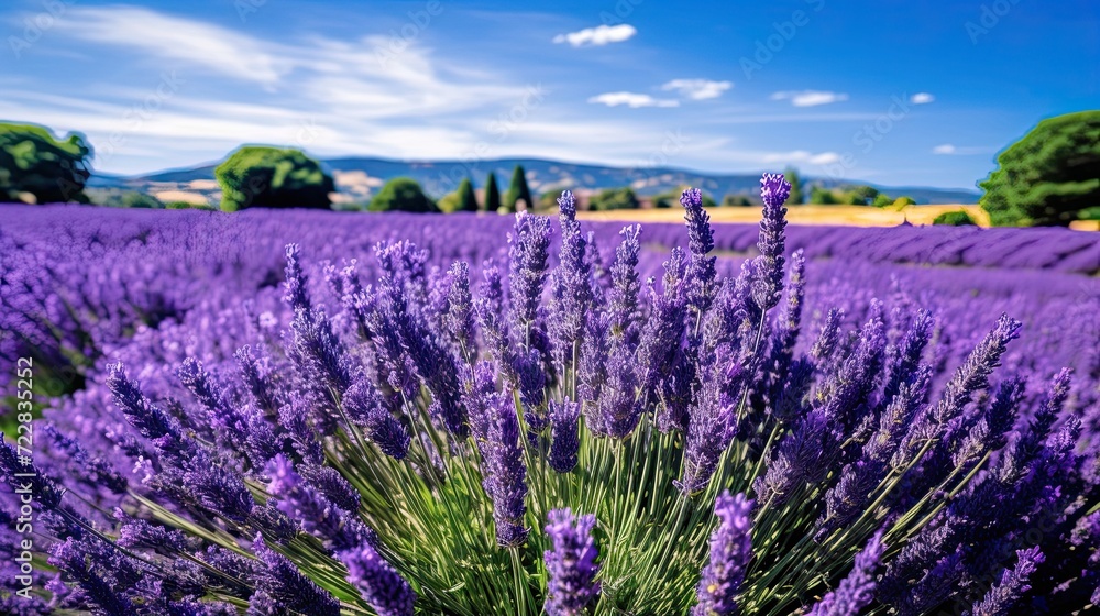 Lavender fields, Provence's golden sun, picturesque landscape, tranquility, natural allure, bloom gracefully. Generated by AI.