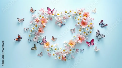 A delicate arrangement of butterflies and flowers forming a heart shape, set against a light blue background with space for text.
