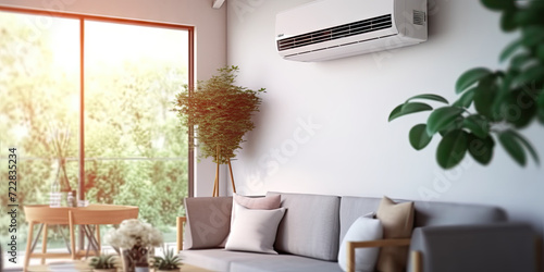 white air conditioning unit on interior living room, 