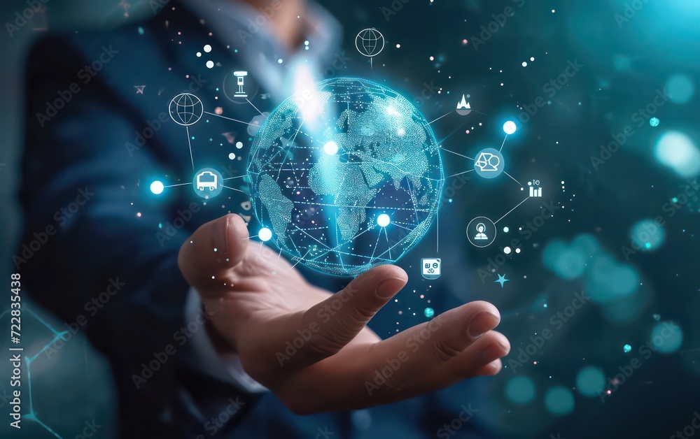 Businessman employs the power of artificial intelligence to showcase the intricate global structure of his customer network. Businessman employs the power of artificial intelligence to showcase the intricate global structure of his customer network.