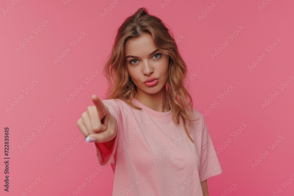 Young Woman Pointing with Finger on Pink Background
Young Woman Pointing with Finger on Pink Background
