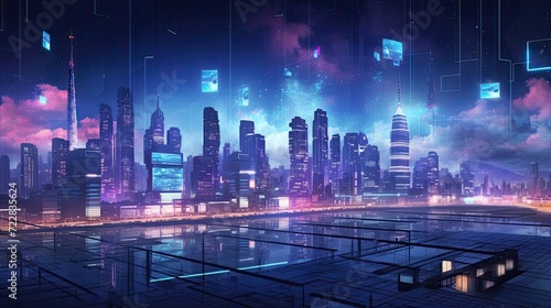 Innovative  high-tech  illuminated skyline  glowing city lights  contemporary  urban landscape  nocturnal  futuristic design. Generated by AI.