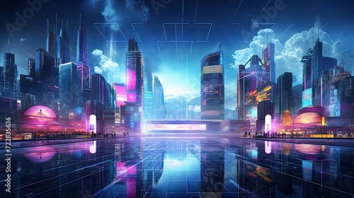 Modern  dynamic  glowing city lights  technologically advanced  urban skyline  nocturnal  futuristic design. Generated by AI.