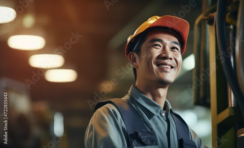 Portrait of Asian male engineer worker or industrial maintenance worker enjoy working in factory