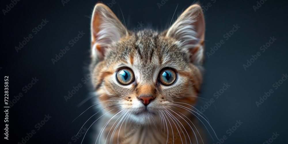 Curious tabby kitten, cute and playful, looks with adorable eyes and fluffy behavior.