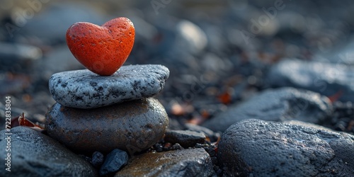 Love of nature: red heart-shaped stone on the beach, symbol of romance and emotions.