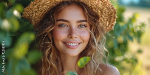 A young woman with curly hair, wearing a hat, enjoys the summer outdoors, radiating beauty and charm.